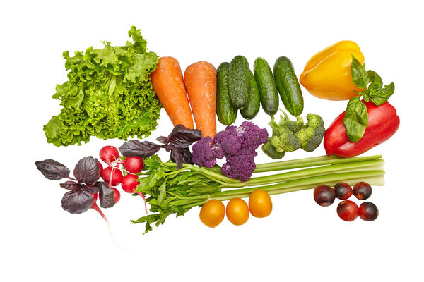 Harvest of fresh vegetables isolated on white background. Tomatoes, sweet pepper, lettuce, carrots, cucumbers, radish, basil leaves, celery stalks, broccoli and cauliflower leaves