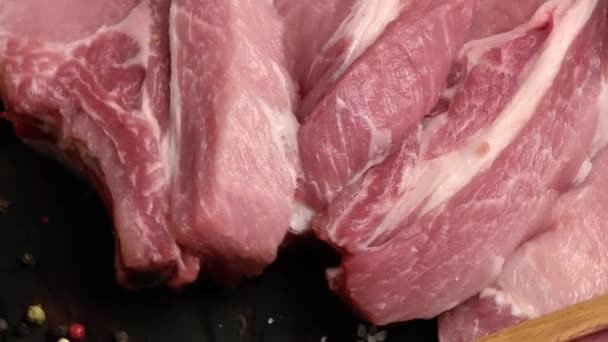 Viande Porc Fraîche Crue Coupée Tranches Pour Friture Steak Porc — Video