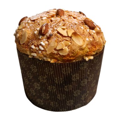 Panettone pastası geleneksel bir İtalyan Paskalya ve Noel tatlısıdır. Paskalya ve Noel pastaları. Beyaz bir arkaplanda izole edilmiş