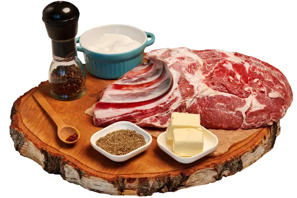 Gran Trozo Carne Fresca Cruda Con Costillas Especias Una Tabla Fotos De Stock