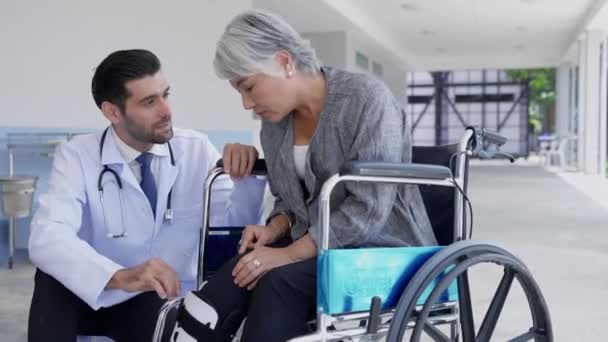 Lékař Pacient Příbuzní Chodící Invalidním Vozíkem Nemocničními Chodbami Diskutující Příznaky — Stock video
