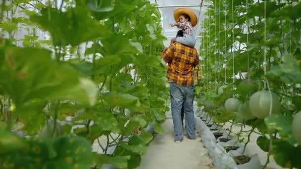 Melon Bonde Familj Utforska Produkterna Inne Växthuset Ekologisk Mat Koncept — Stockvideo