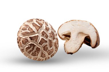 Fresh shiitake mushrooms on white background. Whole and sliced Asian mushroom showing natural pattern texture and cross-section. Organic ingredient for healthy cooking and traditional Asian cuisine. clipart