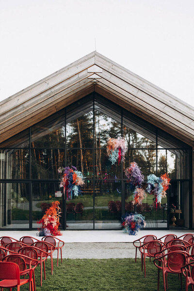 Wedding Ceremony Area Decorated Decorative Panels Colorful Flower Arrangements Stock Photo