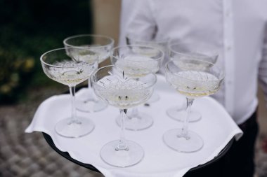 Şampanya bir düğünde garsonun elinde, yakın plan. 