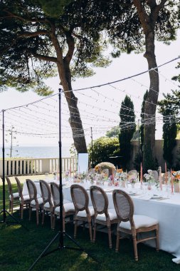 Bahçede sandalyeli bir düğün masası süsü.