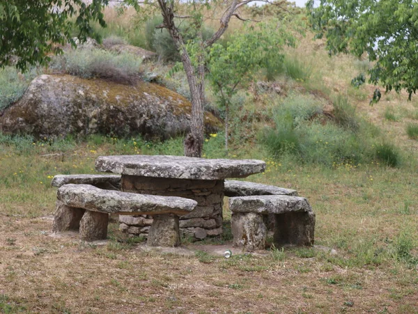 Naturalny Kamienny Stół Krzesła Piknik Wygodny Park — Zdjęcie stockowe