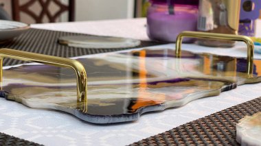 Tight shot of a set table with a beautiful tray clipart