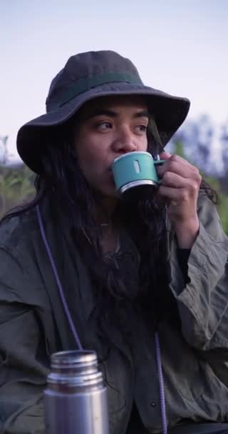 Vertical Video Mexican Girl Having Coffee Countryside Mourning — Stock Video