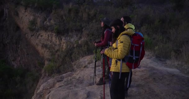 Trois Randonneuses Regardent Pointent Vers Horizon Dans Montagne — Video