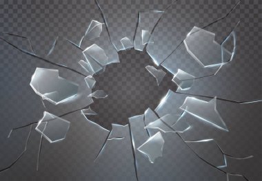 3D gerçekçi vektör simgesi. Kırık cam, çatlak delik ve çatlakların etrafında uçuşan kırık parçalar. Şeffaf arkaplanda izole.