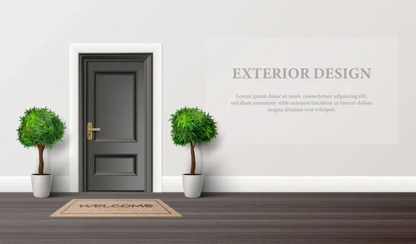 Реалістична Векторна Ілюстрація Вхідні Двері Будинку Підлоговими Рослинами Сучасний Зовнішній — стоковий вектор