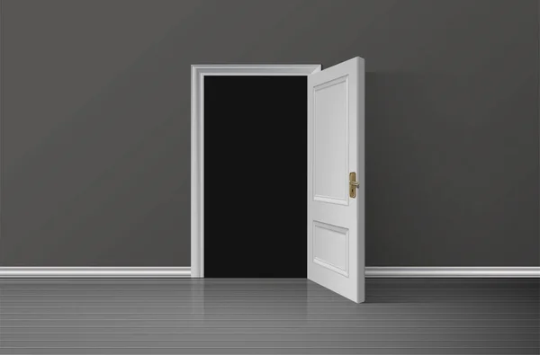 Realistic Vector Illustration Background Open White Wooden Door Darkness Room — Stock Vector