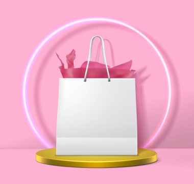 Gerçekçi vektör ikonu illüstrasyonu. Pembe pastel parktaki beyaz alışveriş çantası ve altın sahnede neon ışık çemberi..