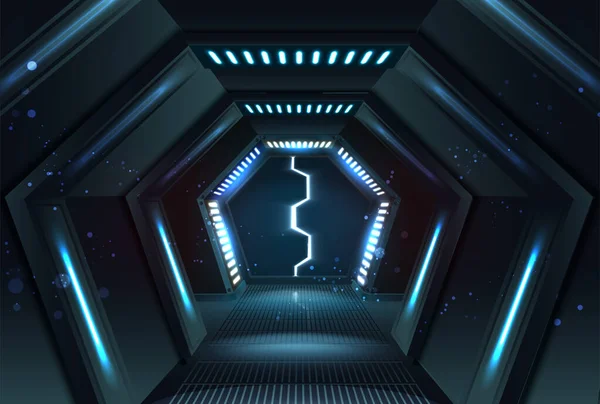 现实的矢量插画横幅 带有霓虹灯和走廊的滑动的六边形开口门 — 图库矢量图片