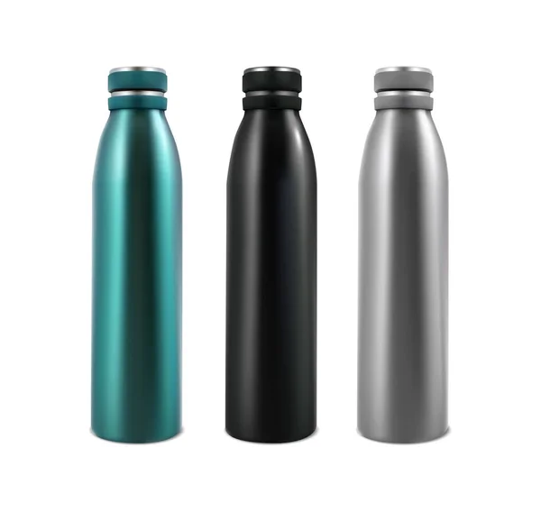 Realistische Vektorsymbole Gesetzt Sportflasche Silberne Trinkflasche Aus Kunststoff Mit Wasserspritzer — Stockvektor