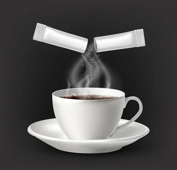 Ρεαλιστικό Διανυσματικό Εικονίδιο Λευκή Κούπα Καφέ Ζαχαρωτό Απομονωμένα Σκοτεινό Φόντο — Διανυσματικό Αρχείο