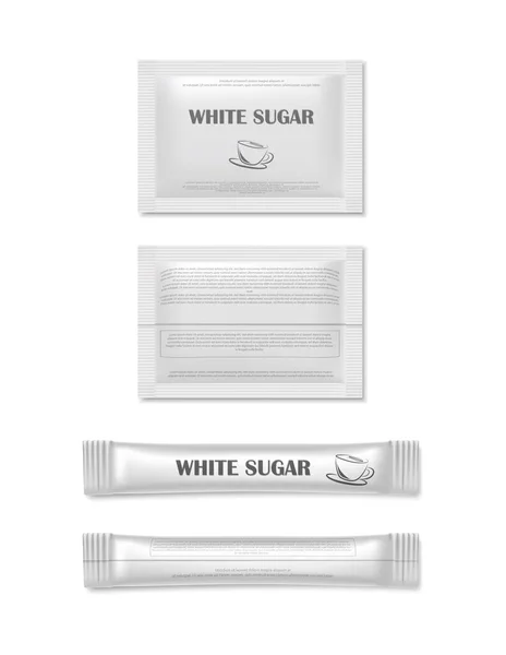現実的なベクターアイコンイラストです 長方形の砂糖のサシェ 杖と白砂糖 前後の景色 — ストックベクタ