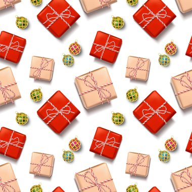 Vektör illüstrasyonu Mutlu Noeller ve mutlu yıllar. Bayram afişi, el ilanı ve kart. Hediye kutuları ve dekoratif topları olan kusursuz bir afiş..