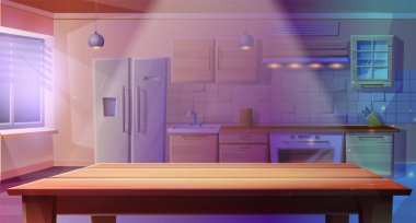 vector cartoon style illustration of night kitchen room in the dark with light oven dining table, with fridge, oven with a stove and hob, sink.