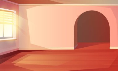 Cartoon style empty room. Living room, kitchen or hotel room with window and sunlight, and arch door hallway.
