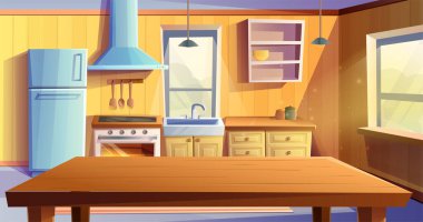 cartoon style illustration of kitchen room. Dining room with dining wooden table. Fridge, oven with a stove and hob, sink, kabinets and extractor hood.