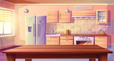 vector cartoon style illustration of kitchen room dining table, with fridge, oven with a stove and hob, sink, kabinets and extractor hood with kitchen appliances.