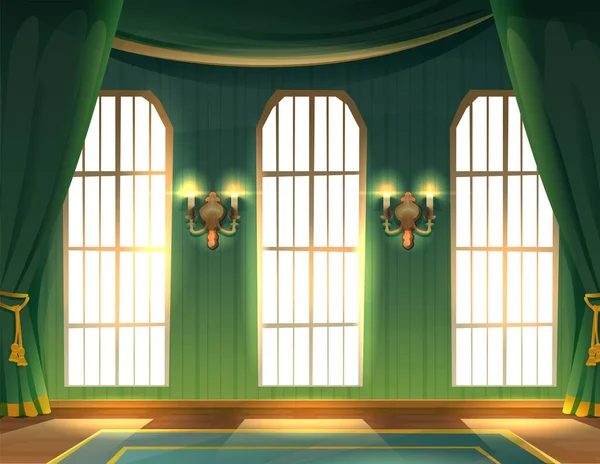 漫画風イラスト 城の屋内インテリア 大きな窓と壁ランプ付きの長い緑のカーテンを持つホール豪華な中世の宮殿 — ストックベクタ