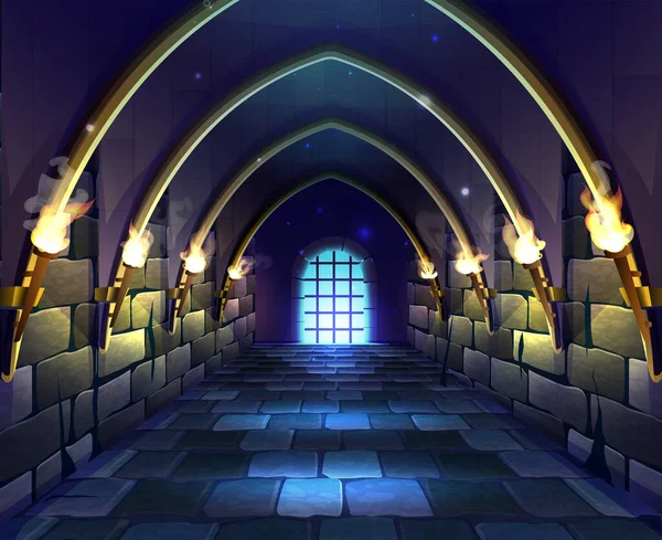 Cartoon Style Illustration Old Medieval Castle Dungeon Hall Flame Light — Image vectorielle