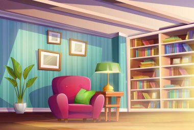 vector illustration. Cosy home living room or cabinet with place for reading books. Library with book shelves, chair and lamp.