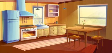 cartoon style illustration of kitchen room. Dining room with dining wooden table. Fridge, oven with a stove and hob, sink, kabinets and extractor hood.
