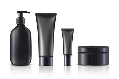 3D gerçekçi vektör kremi şişeleri ve siyah kavanozlar. Beyaz arkaplanda izole.