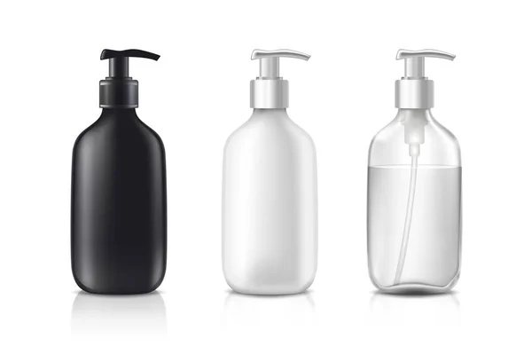 Realista Vector Botellas Cosméticos Negro Blanco Vidrio Transparente — Vector de stock