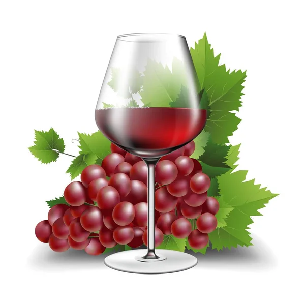 Gerçekçi Vektör Çizimi Şarap Kadehi Kırmızı Şarap Üzüm Beyazda Izole — Stok Vektör