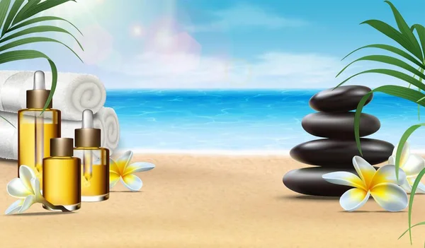 Διάνυσμα Ρεαλιστικό Φόντο Πανό Σπα Παραλία Άμμο Πέτρες Και Φραγκιπάν — Διανυσματικό Αρχείο