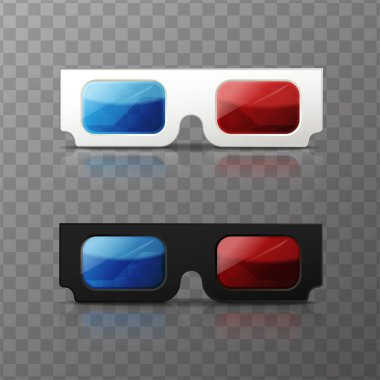 3d gerçekçi vektör seti. 3D sinema gözlükleri siyah ve beyaz. Şeffaf arkaplanda izole.