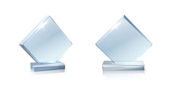 Realistische Vector Icoon Set Vierkant Glas Winnaar Trofee Vooraanzicht Wit — Stockvector