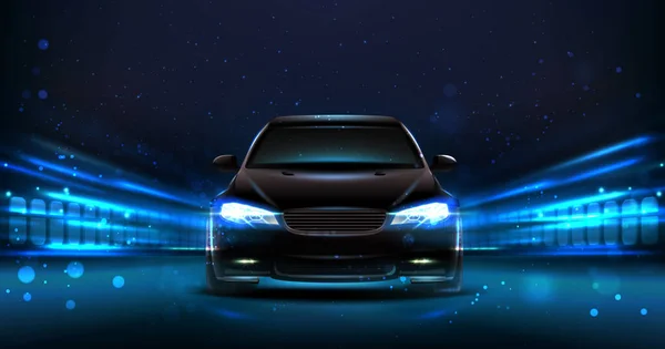 3D現実的なベクトル背景 街灯のある夜のレーシングカー — ストックベクタ