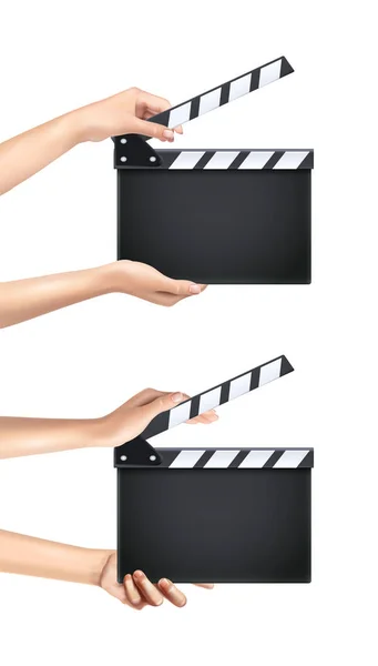 Ρεαλιστικό Διάνυσμα Εικονίδιο Πίνακας Clapper Ταινία Άνοιξε Χέρια Διάφορα Σχήματα — Διανυσματικό Αρχείο