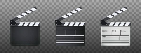 Realistic Vector Icon Open Movie Clapper Board Black White Transparent — Stock Vector
