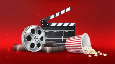 3D gerçekçi vektör simgesi çizimi. Sinema gecesi geçmişi. Kırmızı patlamış mısır, film alkışı, film rulosu. Kırmızı arkaplanda izole.