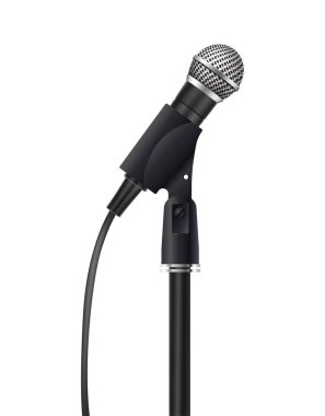 3D gerçekçi vektör simgesi. Müzik konsepti. Modern tarz mikrofon. Beyaz arkaplanda izole.