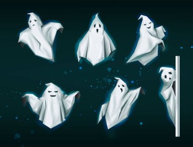 Ürkütücü cadılar bayramı hayaletlerinin vektör simgesi. Şeffaf arkaplanda izole edilmiş. Çizgi film biçimi.