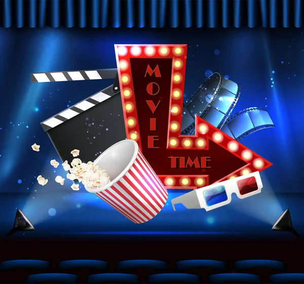 Concetto Tempo Cinematografico Sfondo Cinema Hall Con Popcorn Occhiali Realistici — Vettoriale Stock
