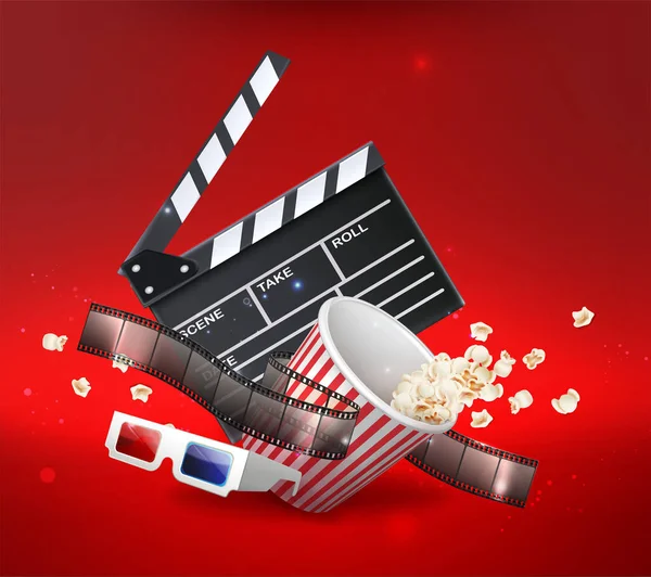 Realistische Darstellung Des Vektorsymbols Filmabend Hintergrund Mit Rotem Eimer Popcorn — Stockvektor