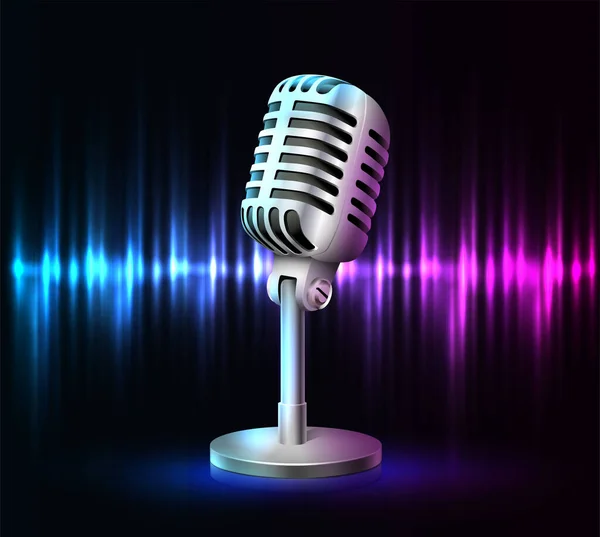 Реалистичный Векторный Значок Микрофона Красочными Звуковыми Волнами Заднем Плане Стоковая Иллюстрация