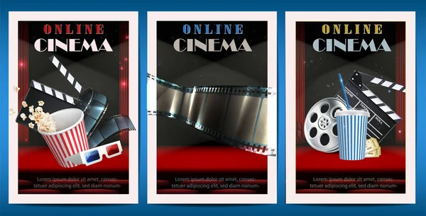 Realistiske Vektor Bannere Film Biografplakater Med Popcorn Udklipsholder Tape Filmrulle – Stock-vektor