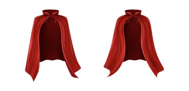 3D gerçekçi vektör simgesi çizimi. Kırmızı pelerinler. Karnaval, vampir, cadı ya da illüzyonistler için dalgalı kumaş.