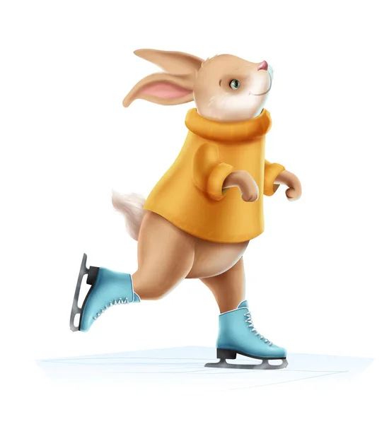 Cartoon Style Vector Icon Cute Rabbit Sweater Ice Scates — Stock Vector