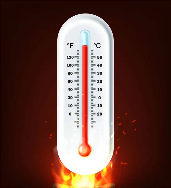 Γελοιογραφία Στυλ Ρεαλιστικό Διάνυσμα Εικονίδιο Ζεστό Θερμόμετρο Στη Φωτιά — Διανυσματικό Αρχείο